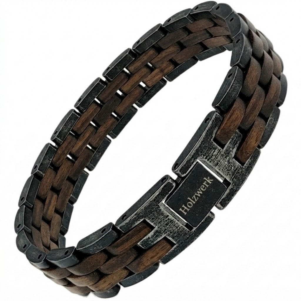 Holzwerk FEDERSEE anthrazit-braunes Holz Armband aus Walnussholz und Edelstahl mit Gliederkonstruktion Schrägansicht