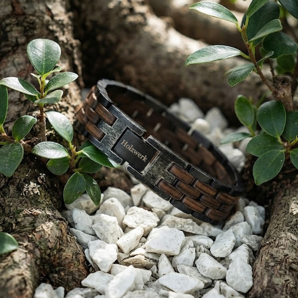 Holzwerk FEDERSEE anthrazit-braunes Holz Armband aus Walnussholz und Edelstahl mit Gliederkonstruktion in Holzumgebung