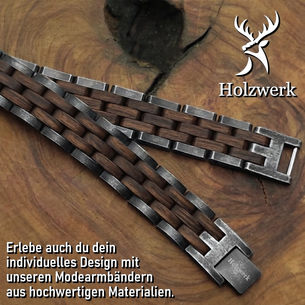 Holzwerk FEDERSEE anthrazit-braunes Holz Armband aus Walnussholz und Edelstahl, Detailansicht der Gliederkonstruktion