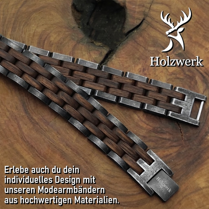 Holzwerk FEDERSEE anthrazit-braunes Holz Armband aus Walnussholz und Edelstahl, Detailansicht der Gliederkonstruktion