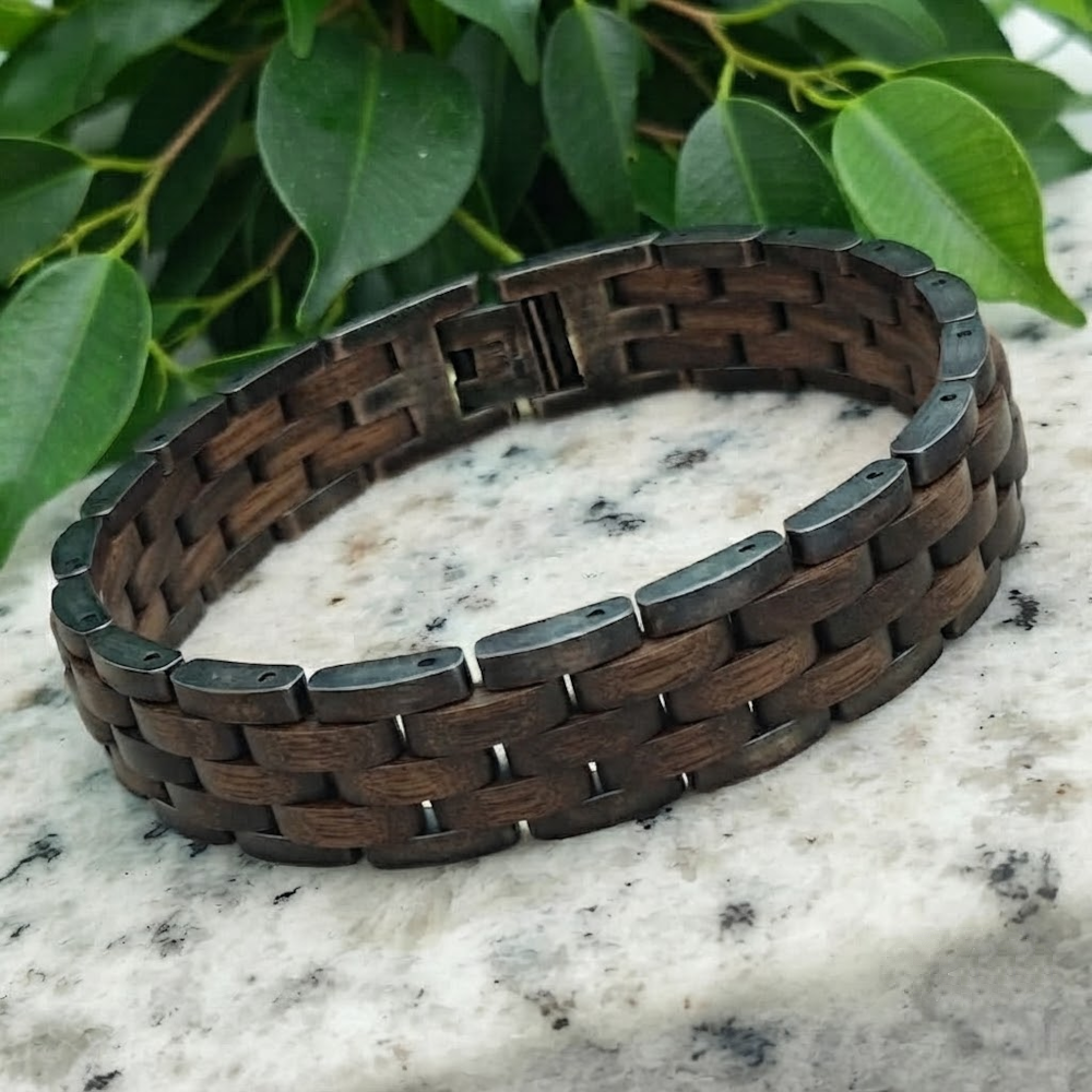 Holzwerk FEDERSEE anthrazit-braunes Holz Armband aus Walnussholz und Edelstahl, Ansicht der Rückseite