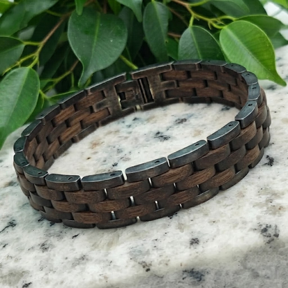 Holzwerk FEDERSEE anthrazit-braunes Holz Armband aus Walnussholz und Edelstahl, Ansicht der Rückseite