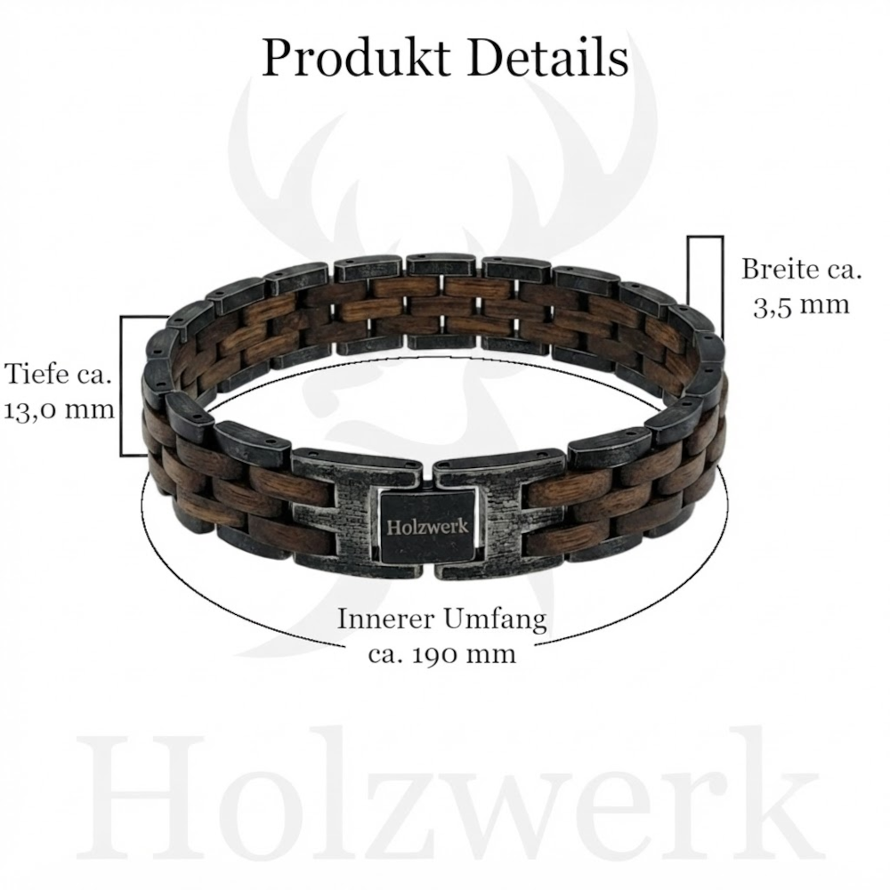 Holzwerk FEDERSEE anthrazit-braunes Holz Armband aus Walnussholz und Edelstahl mit Maßangaben