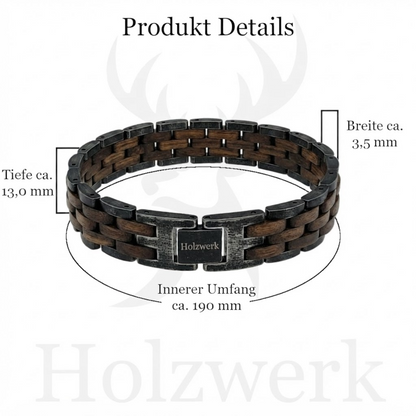 Holzwerk FEDERSEE anthrazit-braunes Holz Armband aus Walnussholz und Edelstahl mit Maßangaben