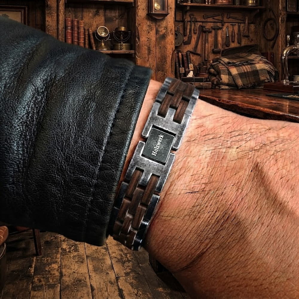 Holzwerk FEDERSEE anthrazit-braunes Holz Armband aus Walnussholz und Edelstahl, am Handgelenk getragen