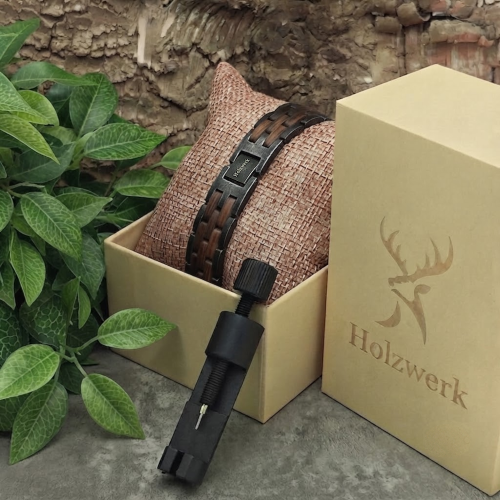 Holzwerk FEDERSEE anthrazit-braunes Holz Armband aus Walnussholz und Edelstahl in Holzwerk Uhrenbox
