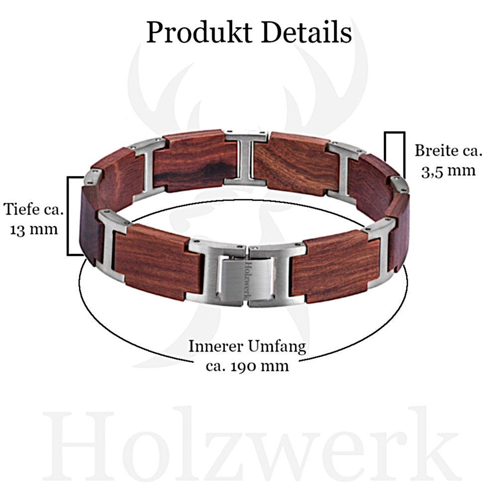 Holzwerk FENNSEE Armband aus Sandelholz und Edelstahl in Braun und Silber mit Maßangaben
