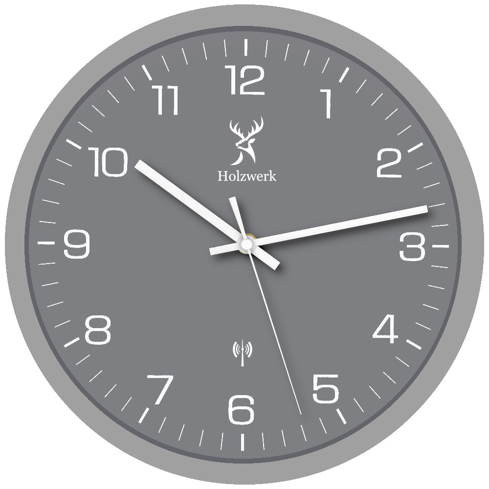 Holzwerk FRIEDBERG moderne Holz Funk Wanduhr ohne Tick-Geräusche, 30 cm Durchmesser mit grau, weißem Ziffernblatt, frontal