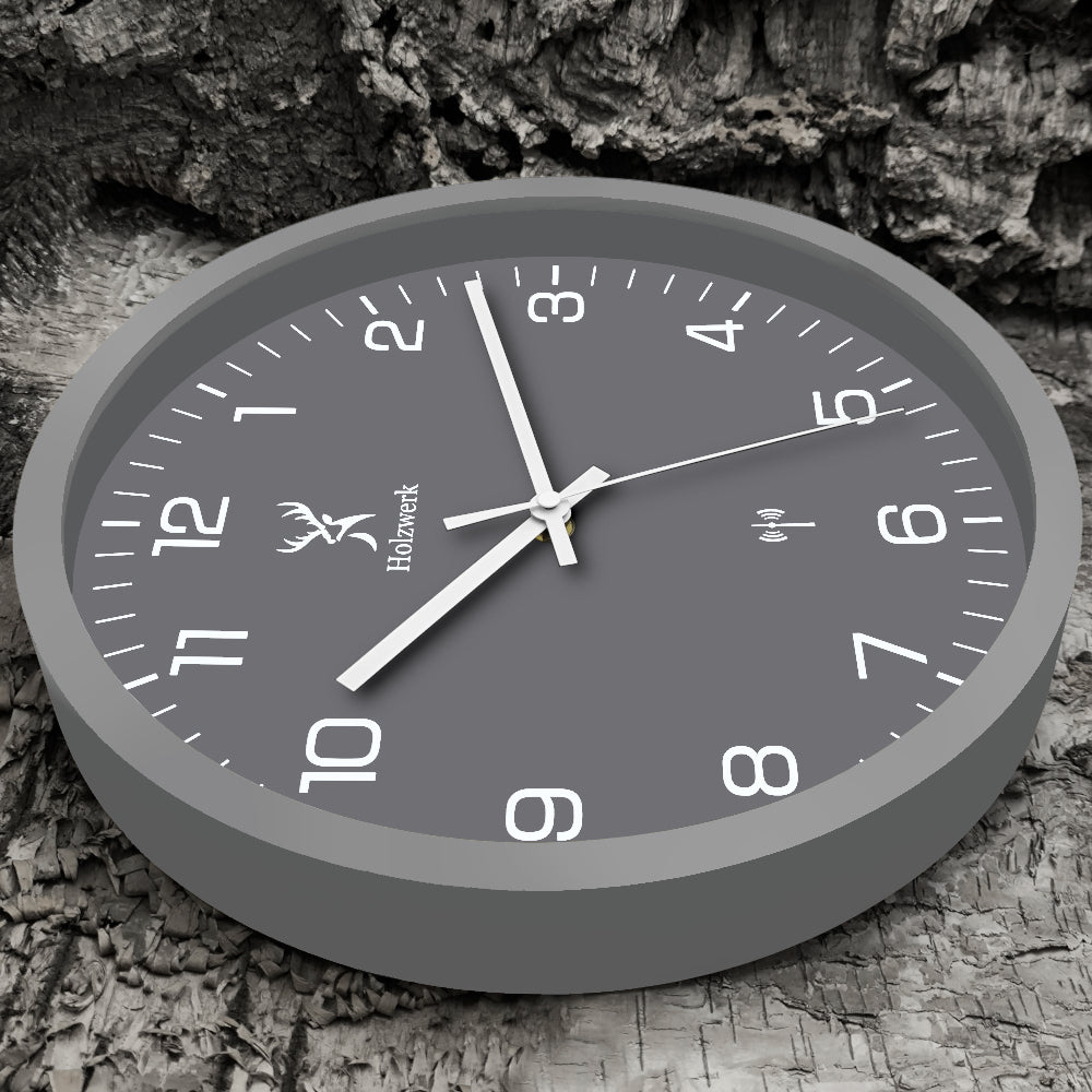 Holzwerk FRIEDBERG moderne Holz Funk Wanduhr, 30 cm Durchmesser mit grau, weißem Ziffernblatt, Seitenansicht links