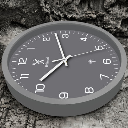 Holzwerk FRIEDBERG moderne Holz Funk Wanduhr, 30 cm Durchmesser mit grau, weißem Ziffernblatt, Seitenansicht links