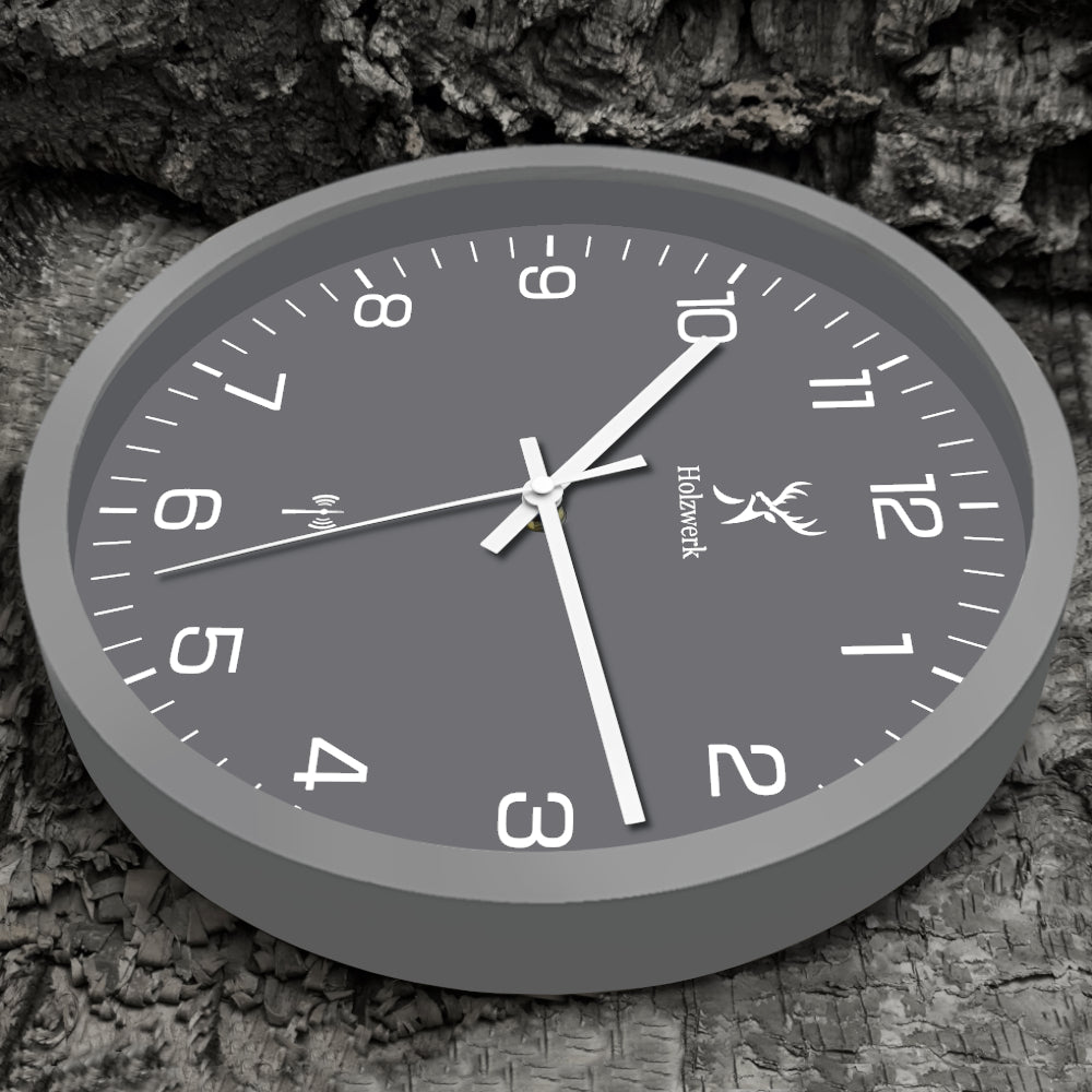 Holzwerk FRIEDBERG moderne Holz Funk Wanduhr, 30 cm Durchmesser mit grau, weißem Ziffernblatt, Seitenansicht rechts