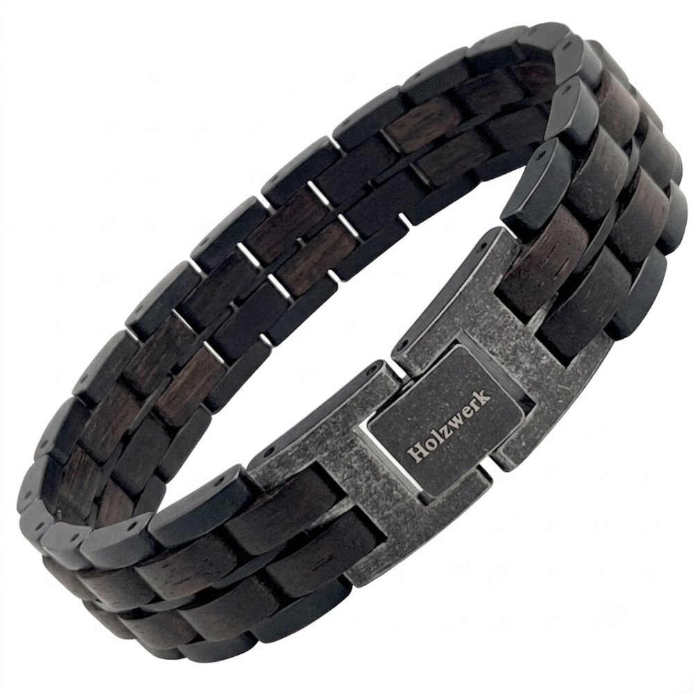 Holzwerk GAMENSEE anthrazit-graues  Holz Armband aus Ebonyholz und Edelstahl mit Gliederkonstruktion Schrägansicht
