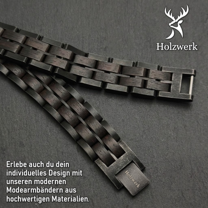 Holzwerk GAMENSEE anthrazit-graues  Holz Armband aus Ebonyholz und Edelstahl, Detailansicht der Gliederkonstruktion