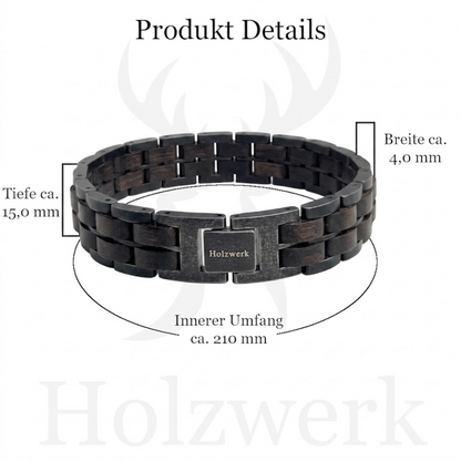 Holzwerk GAMENSEE anthrazit-graues  Holz Armband aus Ebonyholz und Edelstahl mit Maßangaben