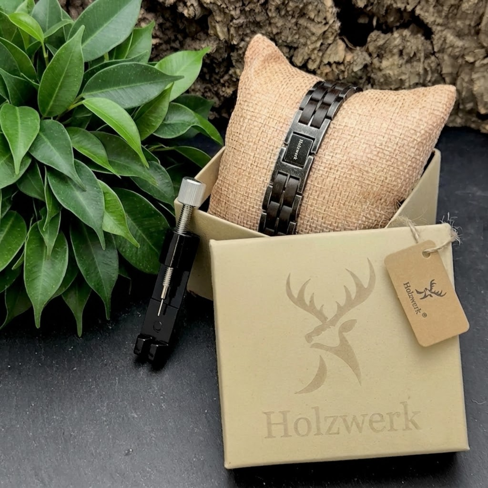 Holzwerk GAMENSEE anthrazit-graues  Holz Armband aus Ebonyholz und Edelstahl in Holzwerk Uhrenbox