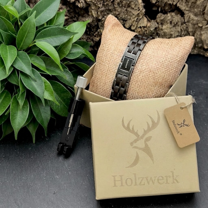 Holzwerk GAMENSEE anthrazit-graues  Holz Armband aus Ebonyholz und Edelstahl in Holzwerk Uhrenbox
