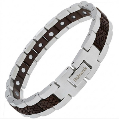 Holzwerk GORINSEE silber-braunes Magnet Armband aus Walnussholz und Edelstahl mit Gliederkonstruktion Schrägansicht