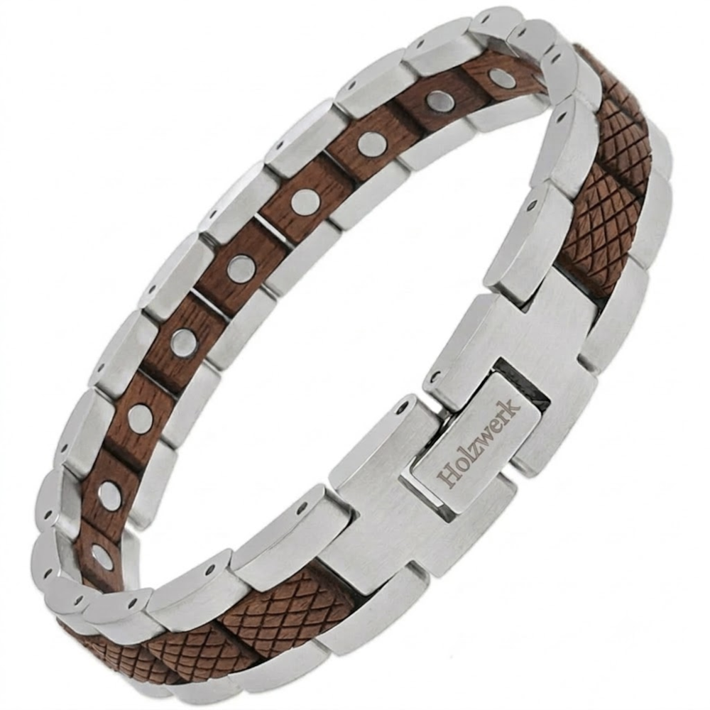 Holzwerk GORINSEE silber-braunes Magnet Armband aus Walnussholz und Edelstahl mit Gliederkonstruktion Schrägansicht