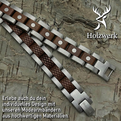 Holzwerk GORINSEE silber-braunes Magnet Armband aus Walnussholz und Edelstahl, Detailansicht der Gliederkonstruktion