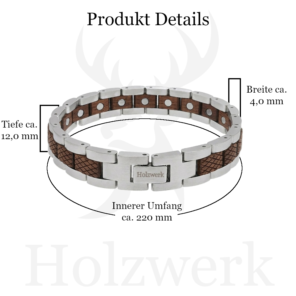 Holzwerk GORINSEE silber-braunes Magnet Armband aus Walnussholz und Edelstahl mit Maßangaben