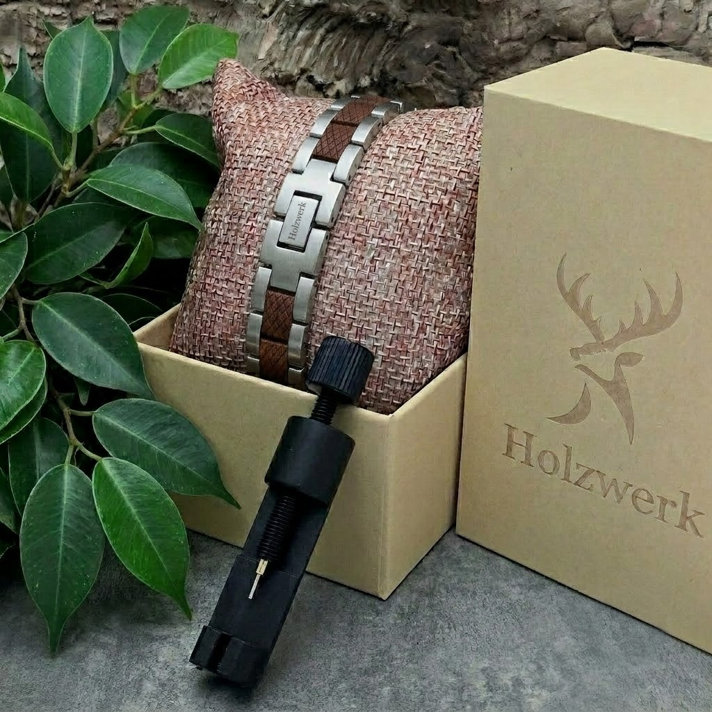 Holzwerk GORINSEE silber-braunes Magnet Armband aus Walnussholz und Edelstahl, in Holzwerk Uhrenbox