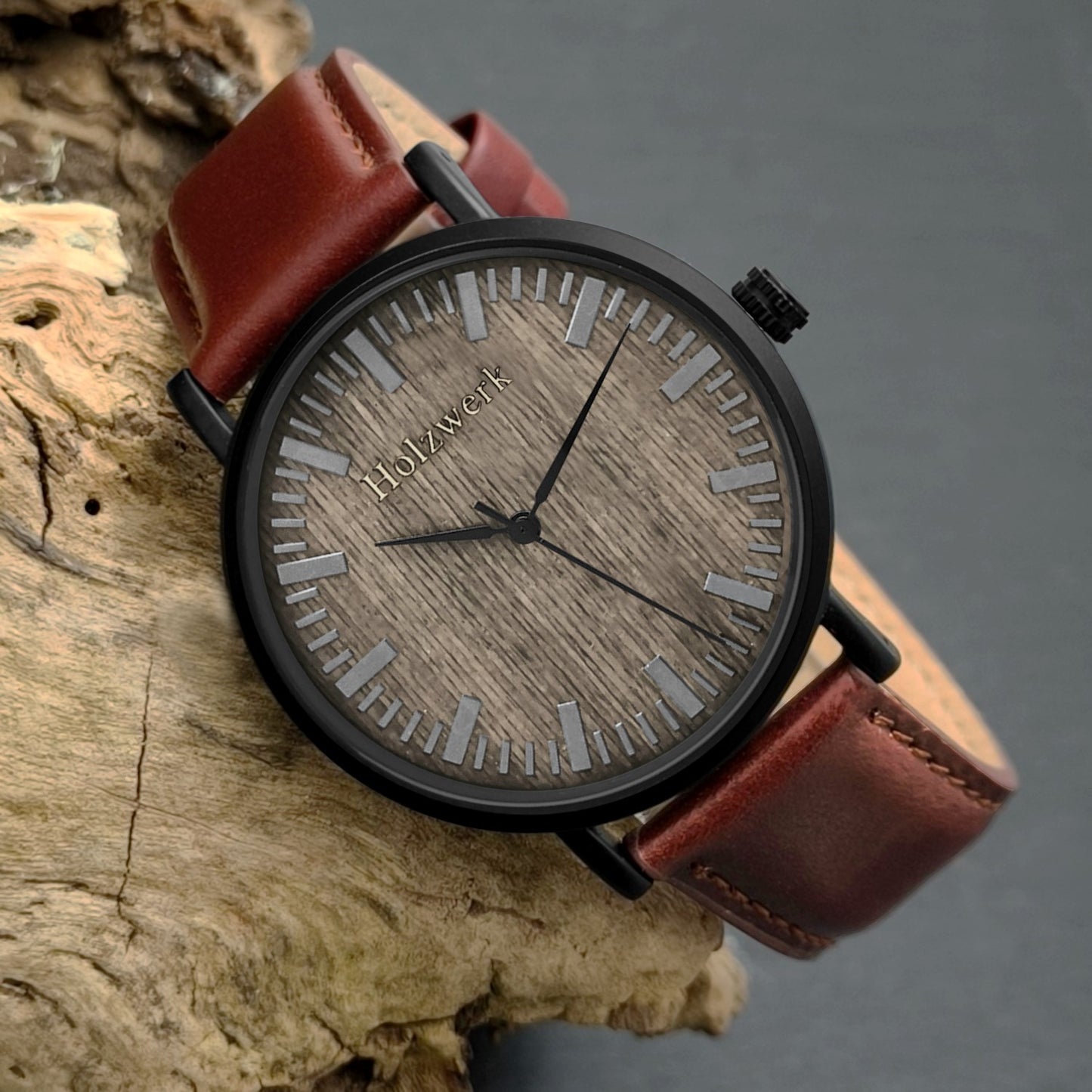 Holzwerk HAGEN Damen & Herren flache Leder & Holz Uhr, braun, schwarz, links liegend