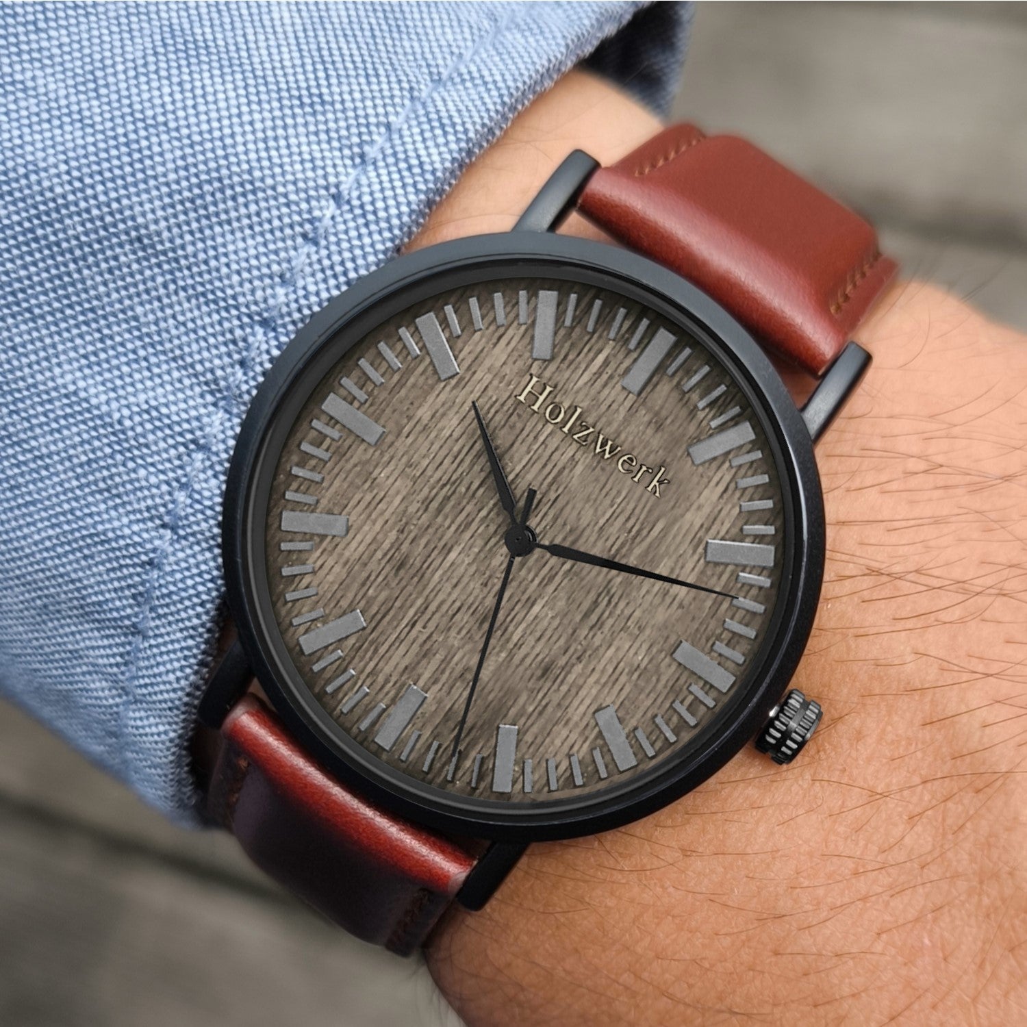 Holzwerk HAGEN Damen & Herren flache Leder & Holz Uhr, braun, schwarz, am Armgelenk