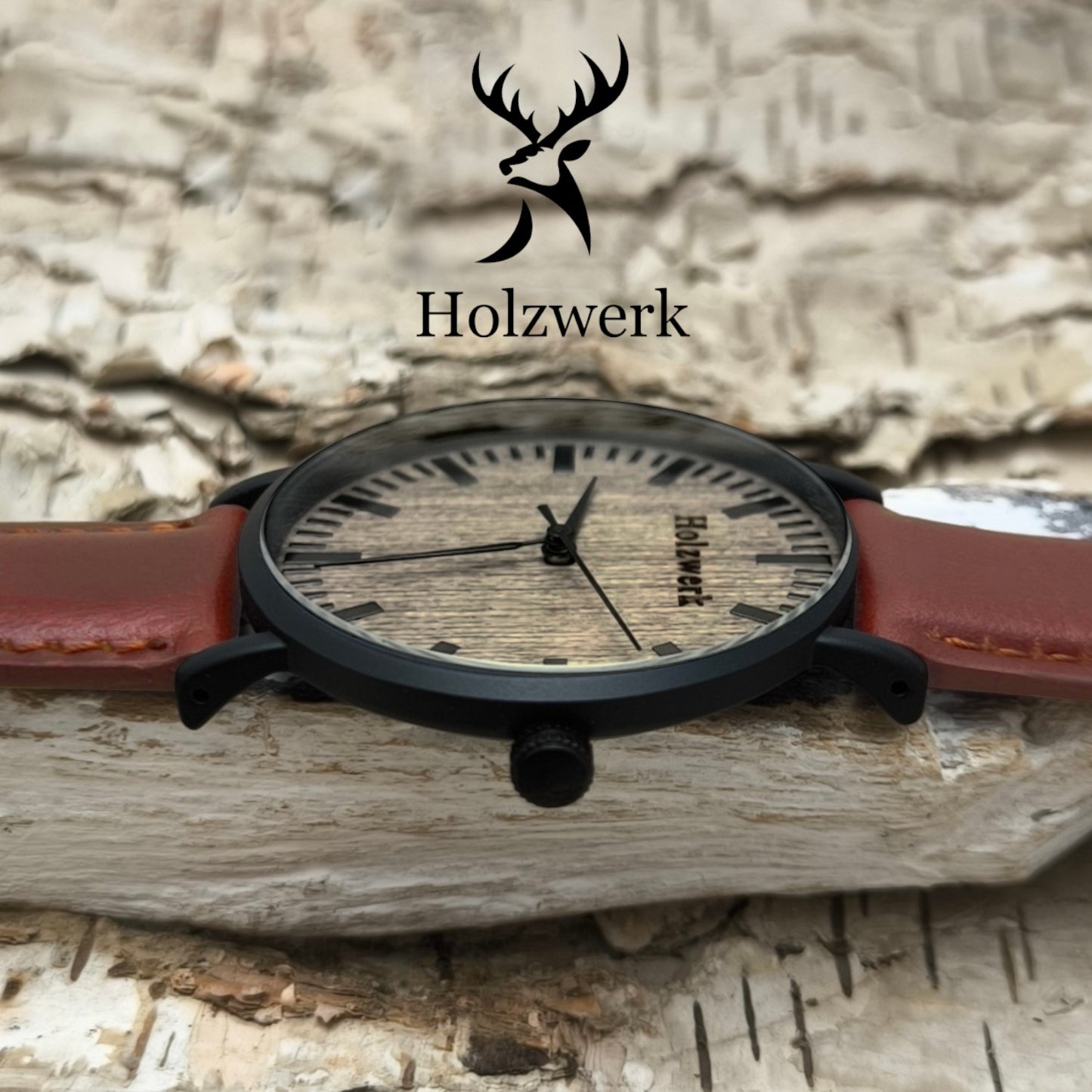 Holzwerk HAGEN Damen & Herren flache Leder & Holz Uhr, braun, schwarz, seitlich liegend