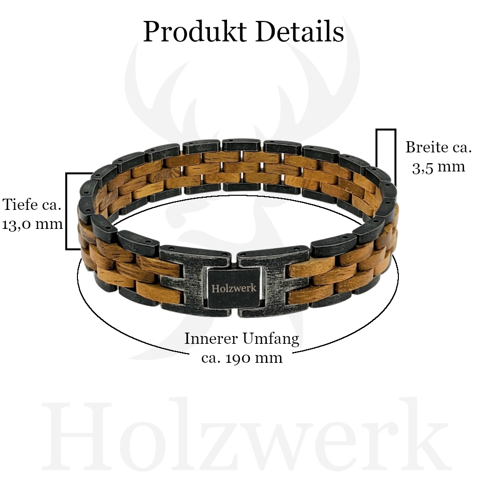 Holzwerk HALENSEE anthrazit-braunes Holz Armband aus Walnussholz und Edelstahl mit Maßangaben