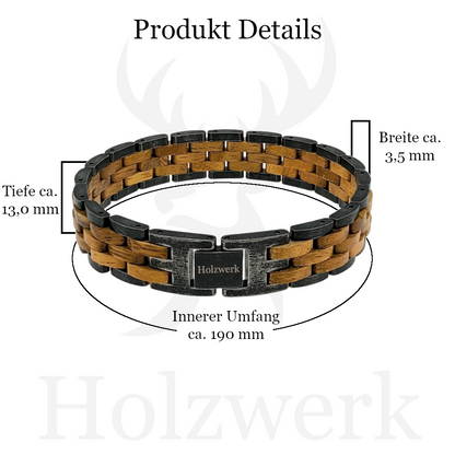 Holzwerk HALENSEE anthrazit-braunes Holz Armband aus Walnussholz und Edelstahl mit Maßangaben