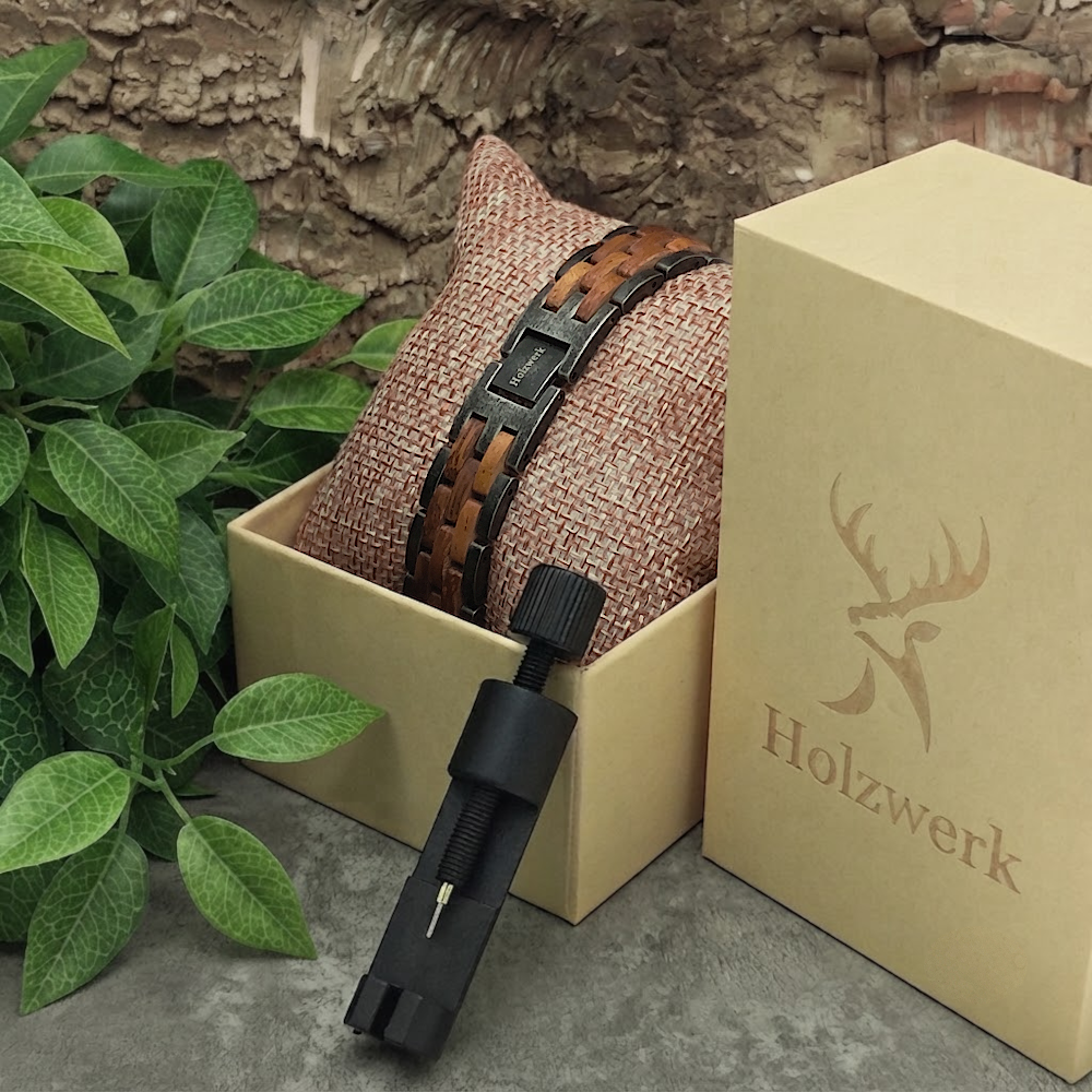 Holzwerk HALENSEE anthrazit-braunes Holz Armband aus Walnussholz und Edelstahl in Holzwerk Uhrenbox