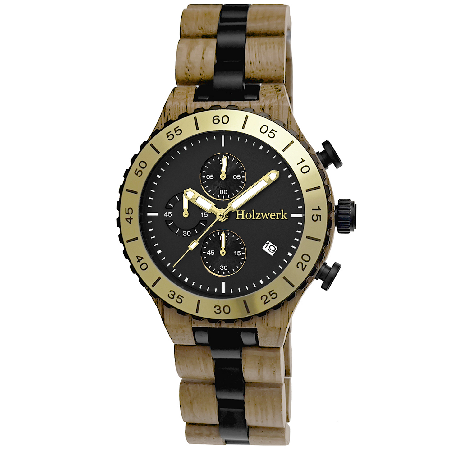 Holzwerk HAMELN Chronographen-Uhr aus Oliven-Holz mit Chronographen, Datumsanzeige und schwarz-goldenem Ziffernblatt