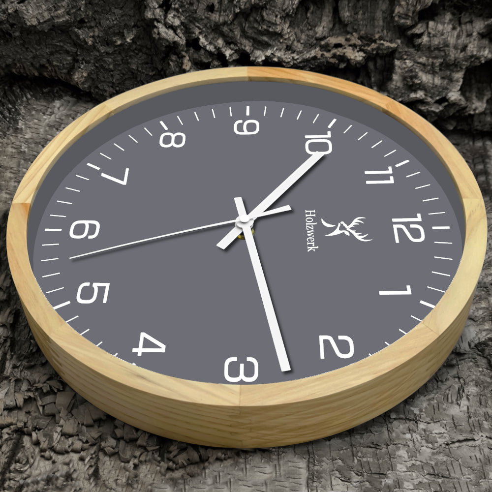 Holzwerk HARBURG Designer Holz Wanduhr ohne Tick-Geräusche, Moderne Loft Stil Quarz Wand Uhr, 30 cm Durchmesser, beige, grau, weiß, rechts liegend