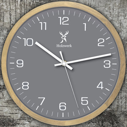 Holzwerk HARBURG Designer Holz Wanduhr ohne Tick-Geräusche, Moderne Loft Stil Quarz Wand Uhr, 30 cm Durchmesser, beige, grau, weiß, von Vorne