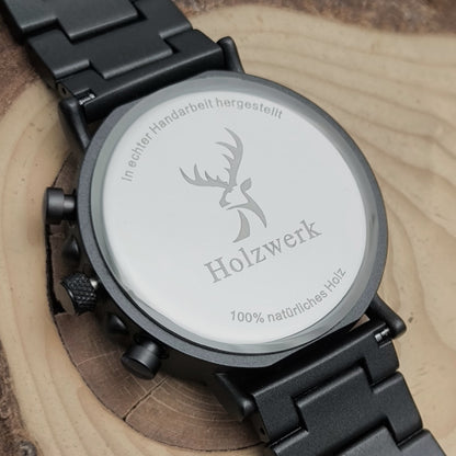 Holzwerk HERSBRUCK Holz Uhr Chronograph mit Datum, Grau, Oliv Gruen, Gehäuseboden