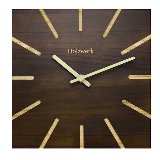 Holzwerk HERZBERG 25 cm moderne Quarz-Wanduhr aus Vollholz mit braunem Zifferblatt und Holzzeigern, Frontansicht
