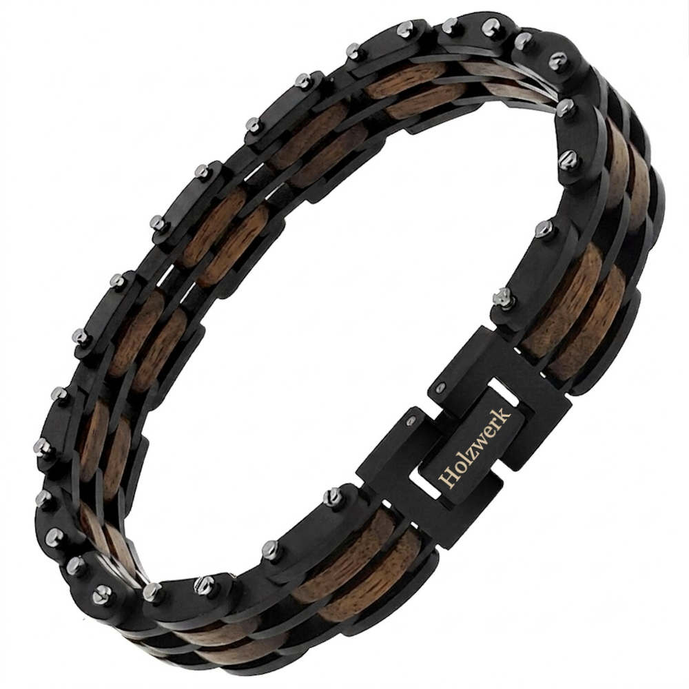 Holzwerk HINTERSEE schwarz-braunes  Holz Armband aus Walnussholz und Edelstahl mit Gliederkonstruktion Schrägansicht