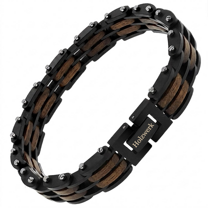 Holzwerk HINTERSEE schwarz-braunes  Holz Armband aus Walnussholz und Edelstahl mit Gliederkonstruktion Schrägansicht