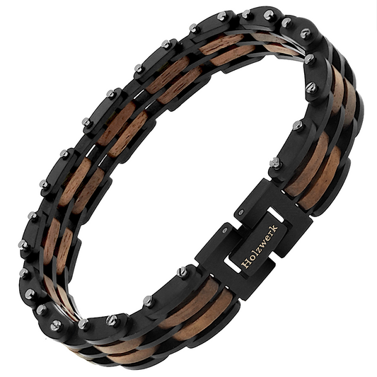 Holzwerk HINTERSEE schwarz-braunes  Holz Armband aus Walnussholz und Edelstahl mit Gliederkonstruktion Schrägansicht
