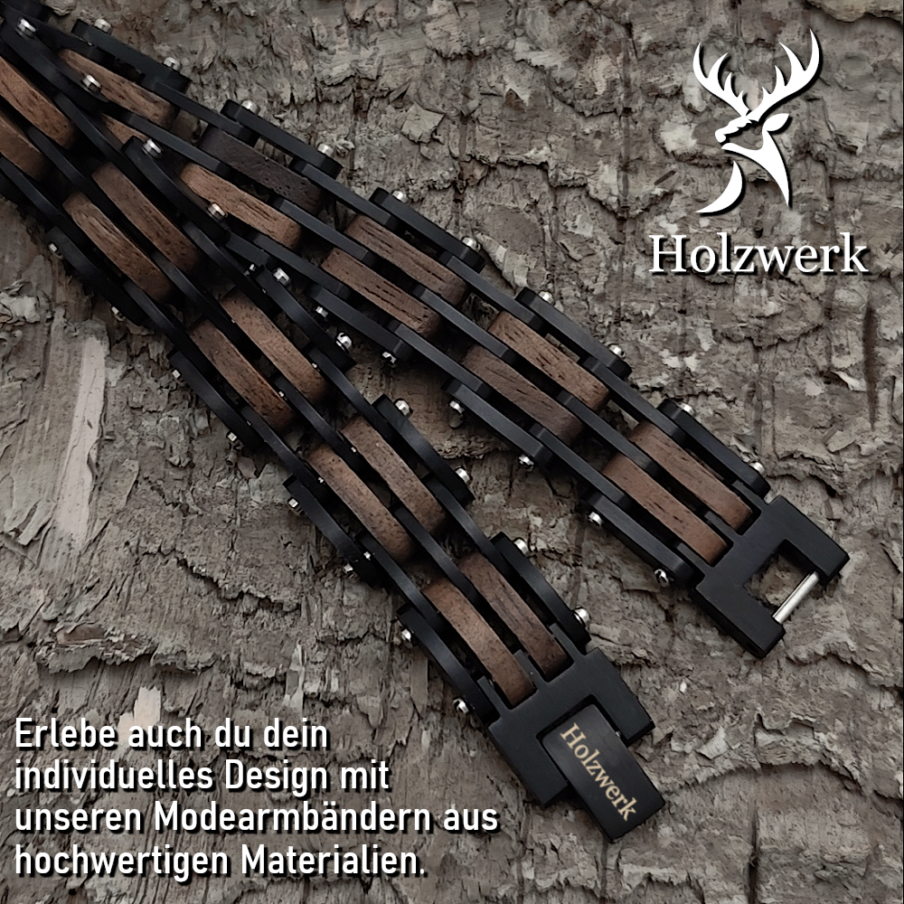 Holzwerk HINTERSEE schwarz-braunes  Holz Armband aus Walnussholz und Edelstahl, Detailansicht der Gliederkonstruktion
