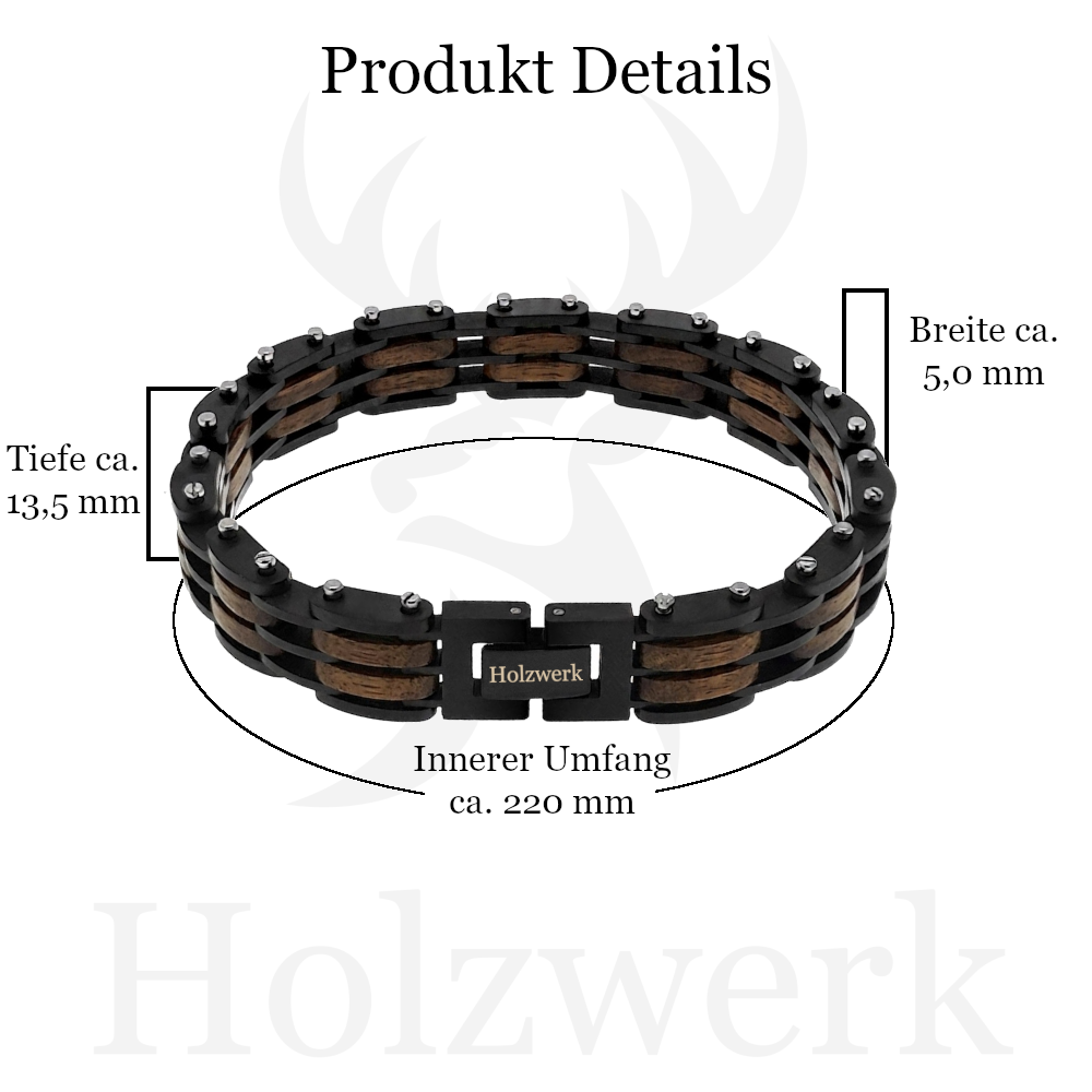 Holzwerk HINTERSEE schwarz-braunes  Holz Armband aus Walnussholz und Edelstahl mit Gliederkonstruktion mit Maßangaben