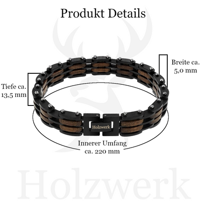 Holzwerk HINTERSEE schwarz-braunes  Holz Armband aus Walnussholz und Edelstahl mit Gliederkonstruktion mit Maßangaben