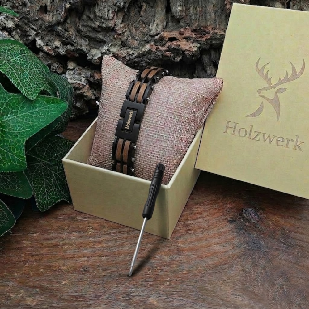 Holzwerk HINTERSEE schwarz-braunes  Holz Armband aus Walnussholz und Edelstahl mit Gliederkonstruktion in Uhrenbox