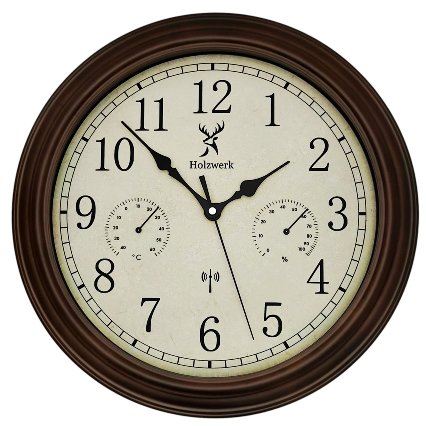 Holzwerk HORNBERG 35 cm Funk-Wanduhr aus Holz im Vintage-Design mit Temperatur- und Hygrometeranzeige sowie Funkuhrwerk, Frontal