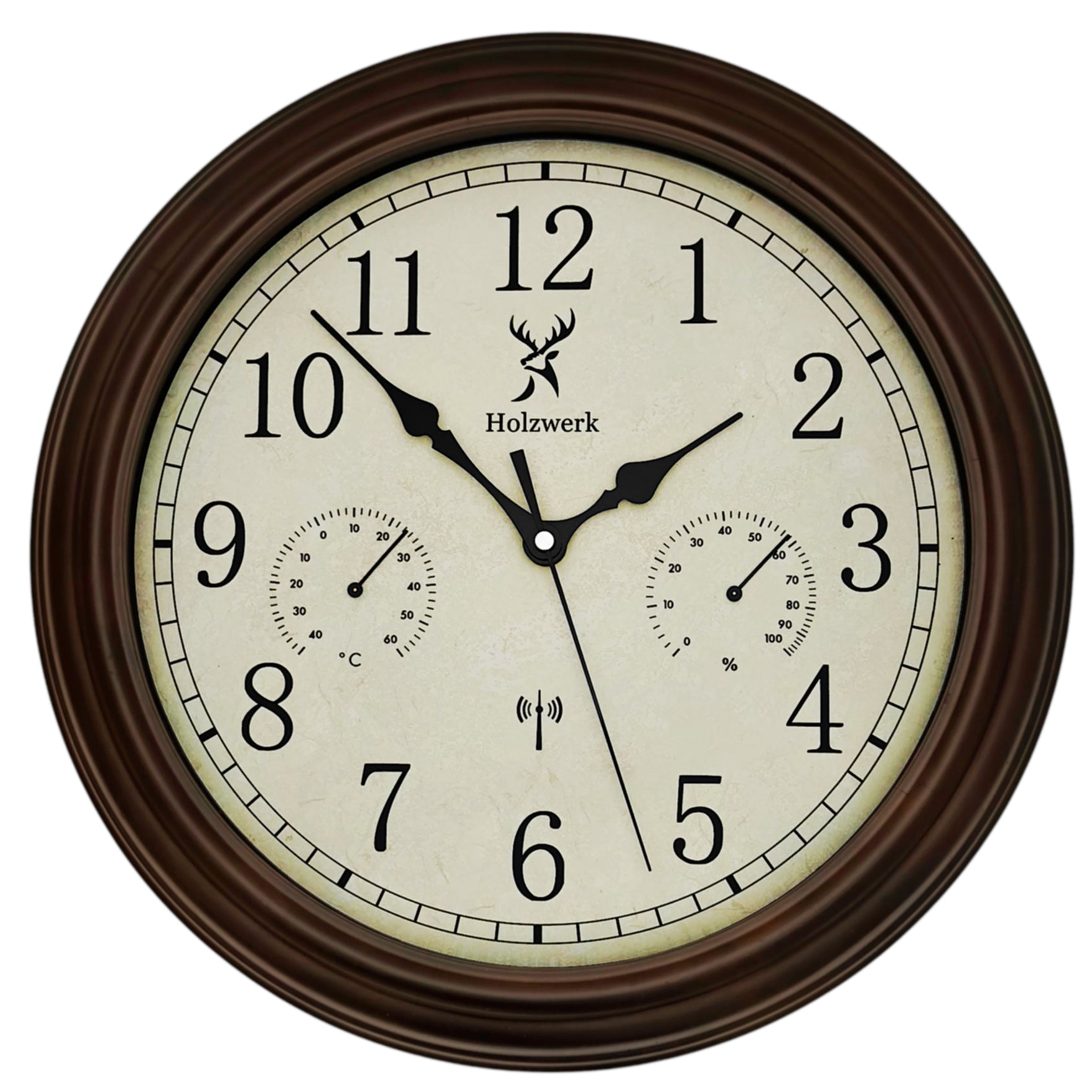 Holzwerk HORNBERG 35 cm Funk-Wanduhr aus Holz im Vintage-Design mit Temperatur- und Hygrometeranzeige sowie Funkuhrwerk, Frontal