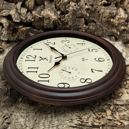 Holzwerk HORNBERG 35 cm Vintage Funk-Wanduhr mit Temperatur- und Hygrometeranzeige sowie Funkuhrwerk, Seitenansicht links