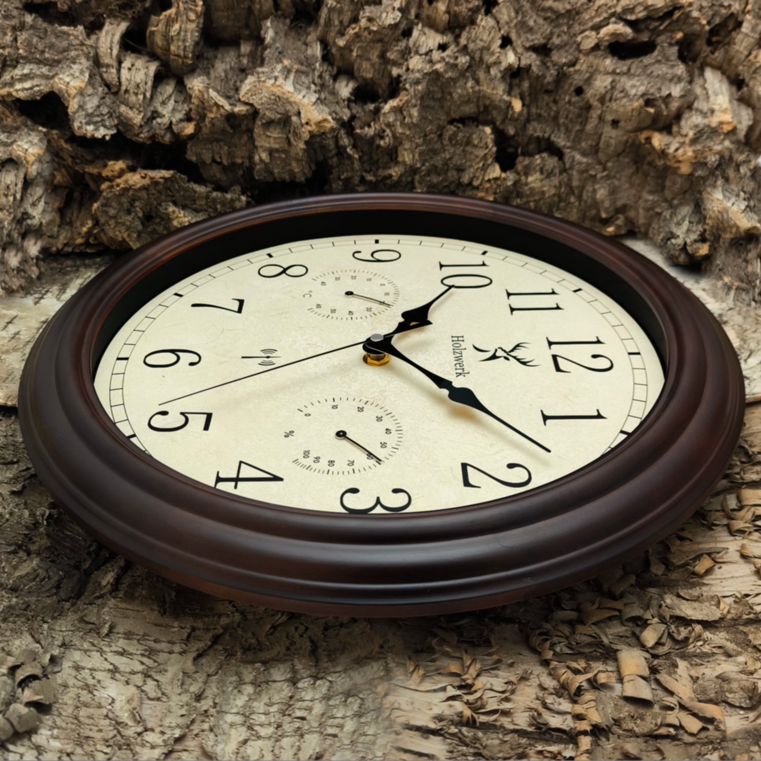 Holzwerk HORNBERG 35 cm Vintage Funk-Wanduhr mit Temperatur- und Hygrometeranzeige sowie Funkuhrwerk, Seitenansicht rechts