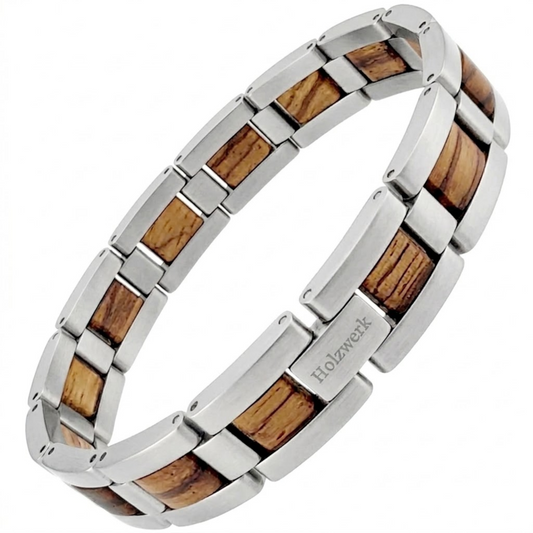 Holzwerk IDASEE Damen und Herren Holz & Edelstahl Armband aus Zebraholz  in silber und braun, Frontal