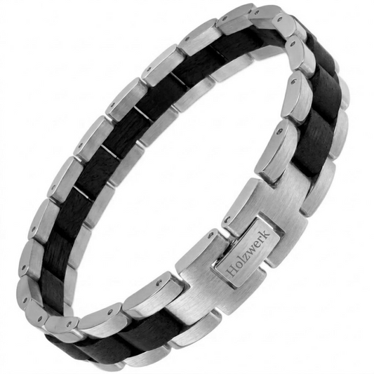Holzwerk KALKSEE silber-schwarzes  Holz Armband aus Ebonyholz und Edelstahl mit Gliederkonstruktion Schrägansicht