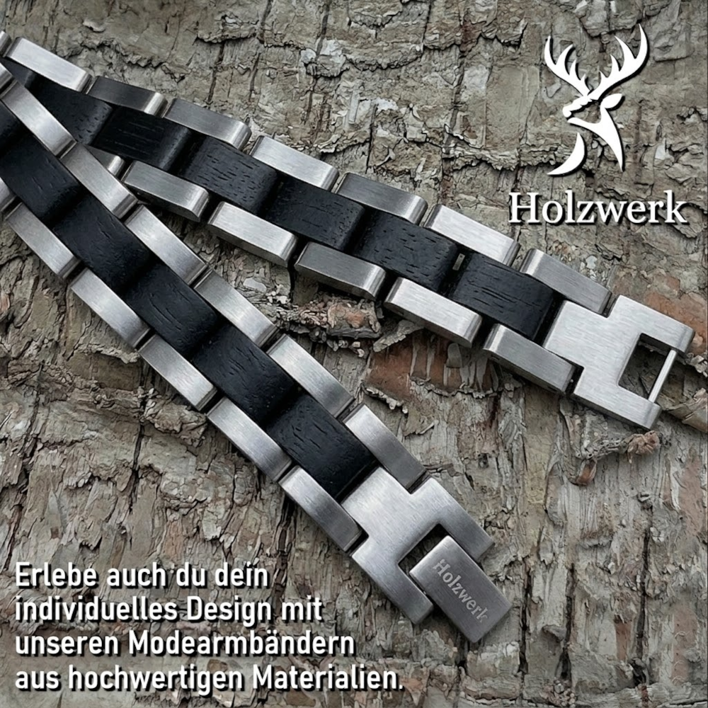 Holzwerk KALKSEE silber-schwarzes  Holz Armband aus Ebonyholz und Edelstahl, Detailansicht der Gliederkonstruktion